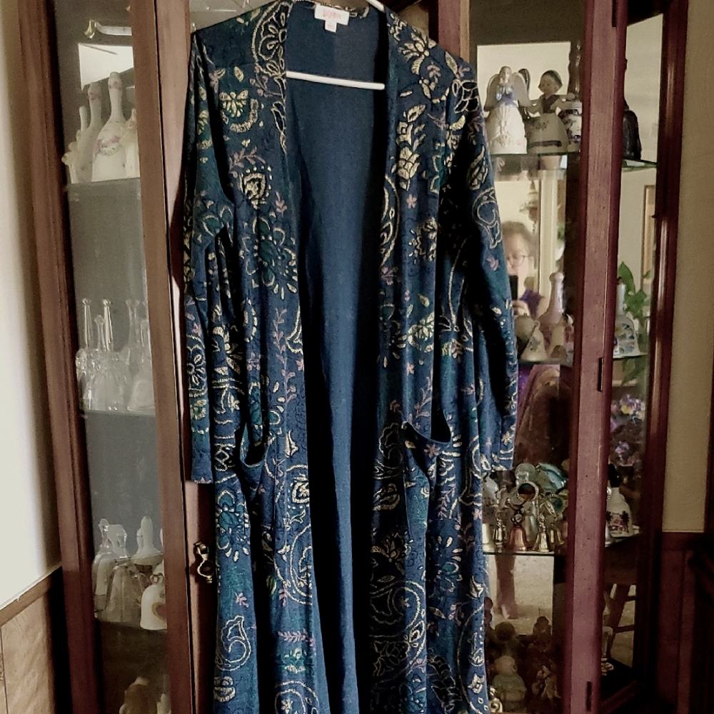 #SARA14 (CH) NWOT LuLaRoe Elegant Sarah Bluish Green and Gold Cardigan